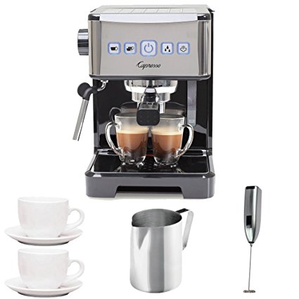 Capresso 12401 Ultima PRO Programmable Espresso & Cappuccino Machine + (2) Ceramic 3 oz. Espresso/Cappuccino Cup & Saucers + Stainless Steel Frothing Pitcher + Knox Handheld Milk Frother