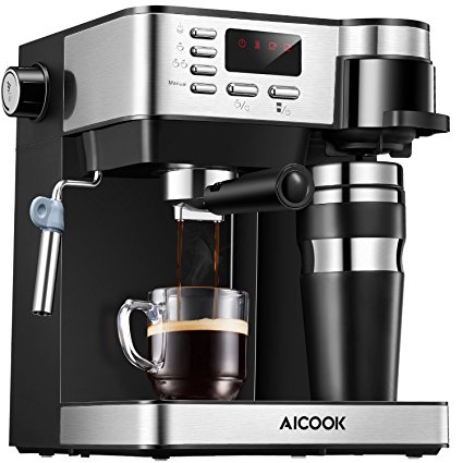 Aicook Espresso and Coffee Machine, 3 in 1 Combination 15Bar Espresso Machine and Single Serve Coffee Maker With Coffee Mug, Milk Frother for Cappuccino and Latte, Black