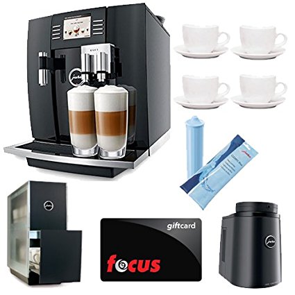 Jura Giga 5 Piano Black Automatic Combination Espresso Center + (4) 3oz Ceramic Tiara Espresso Cup and Saucer + JURA 70878 Cool Control Basic (34 oz.) Temperature controlled milk container + Jura Capresso Cup Warmer Black Stainless Steel + Focus Git Card