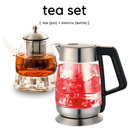 Ovente Glass Electric Kettle with Temperature Control Bundle with Glass Teapot and Tea Warmer