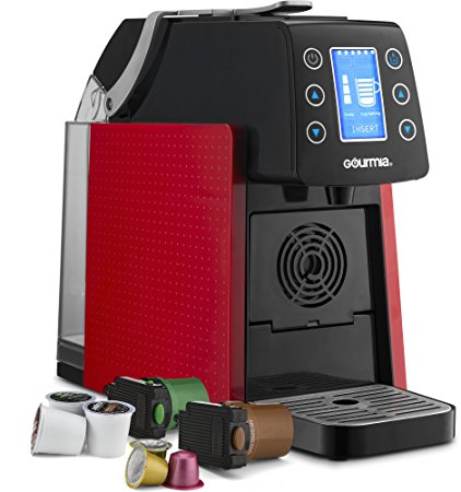 Gourmia GCM5100 One Touch Multi Capsule Coffee Machine - Compatible With Nespresso, K-Cup pods & More - Adjustable Temperature & Cup Size - Digital Display - Demi Shot-Glass Tray - 1450W - Red